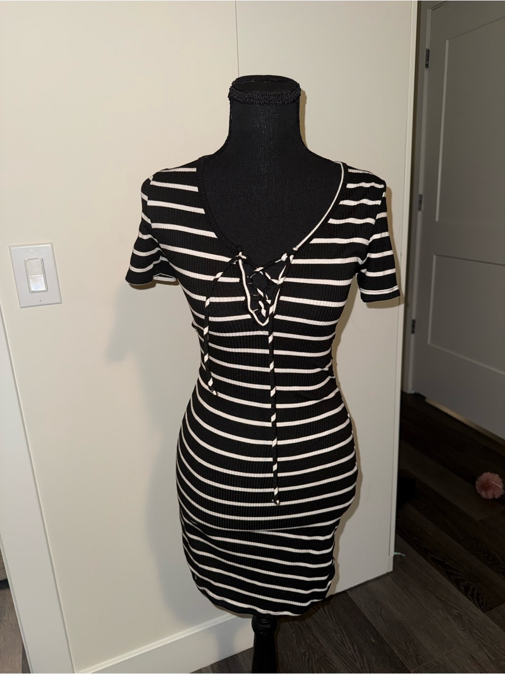 Charlotte Russe Black and White Striped Lace-Up Bodycon Mini Dress